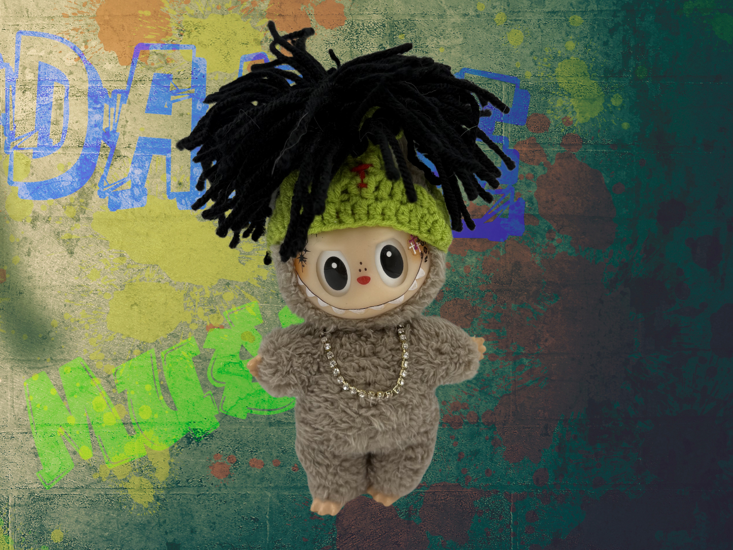 Dreadlock hair with diamond necklace for labubu